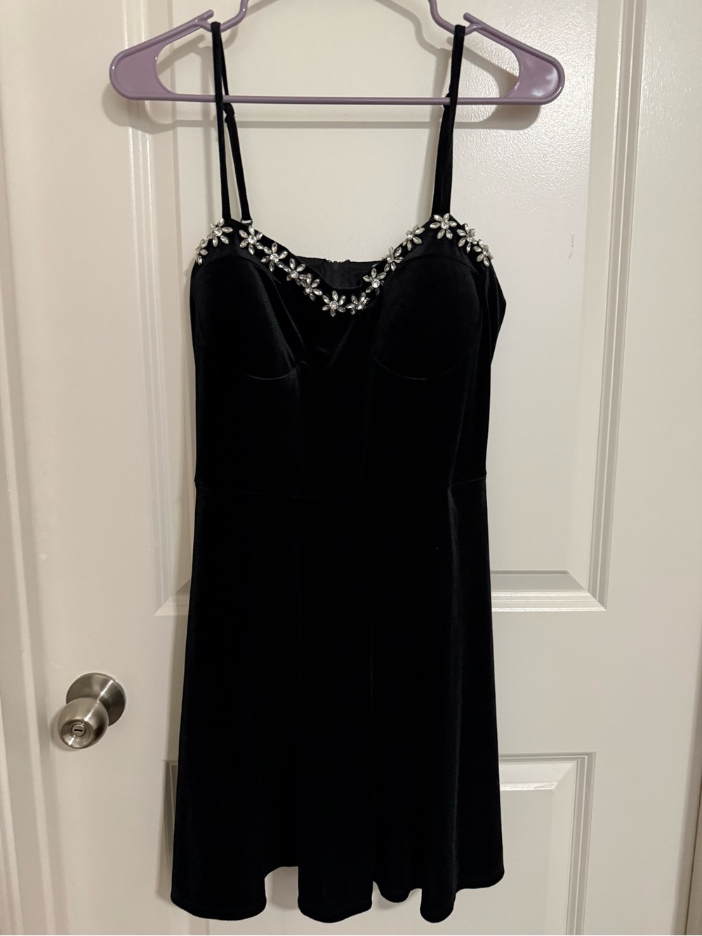 Speechless Black Velvet Mini Dress with Crystal Floral Trim